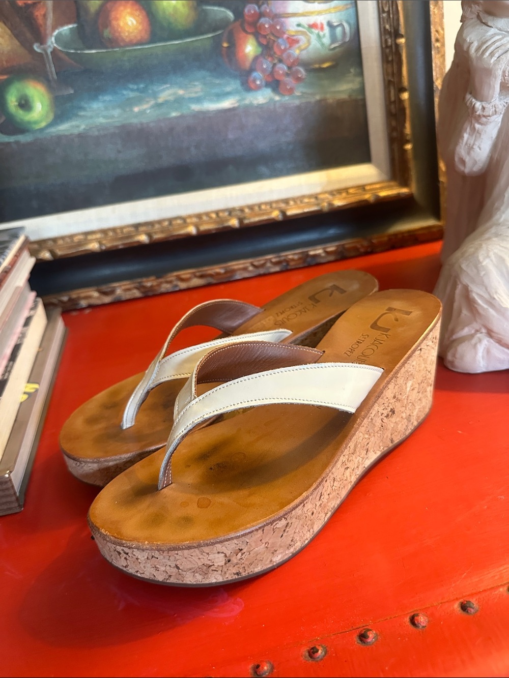K.Jacques Cream Leather Cork Wedge Thong Sandals